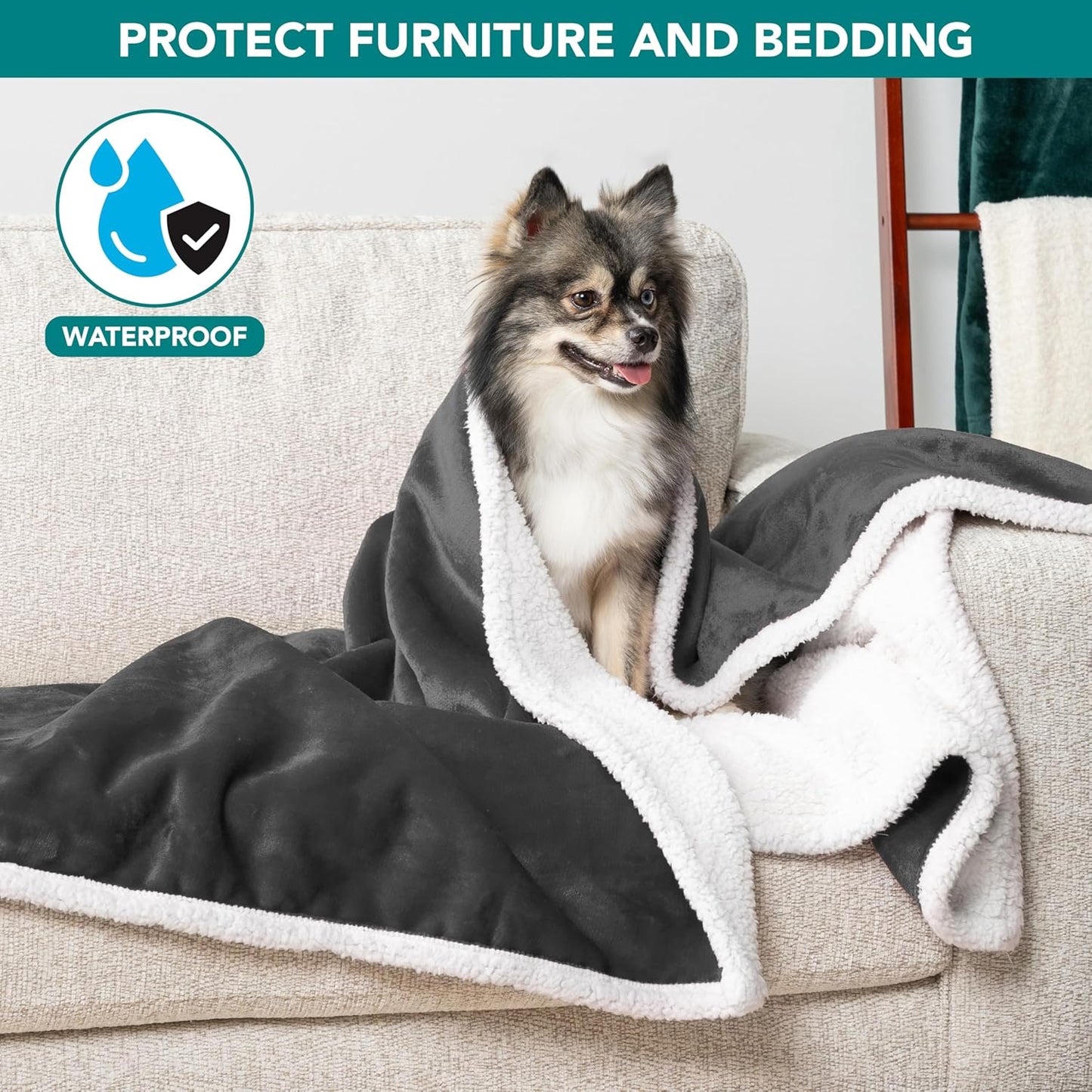 Waterproof Dog Blanket for Small Medium Dog, Pet Puppy Blanket Couch Cover Protection, Sherpa Fleece Cat Blanket Washable Throw Couch Sofa Bed Furniture Protector Reversible Soft 29X40 Charcoal